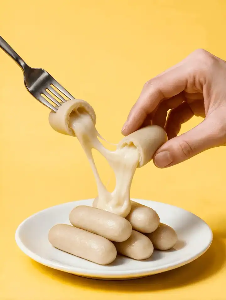 A fork pulling cheese from tteok on a plate