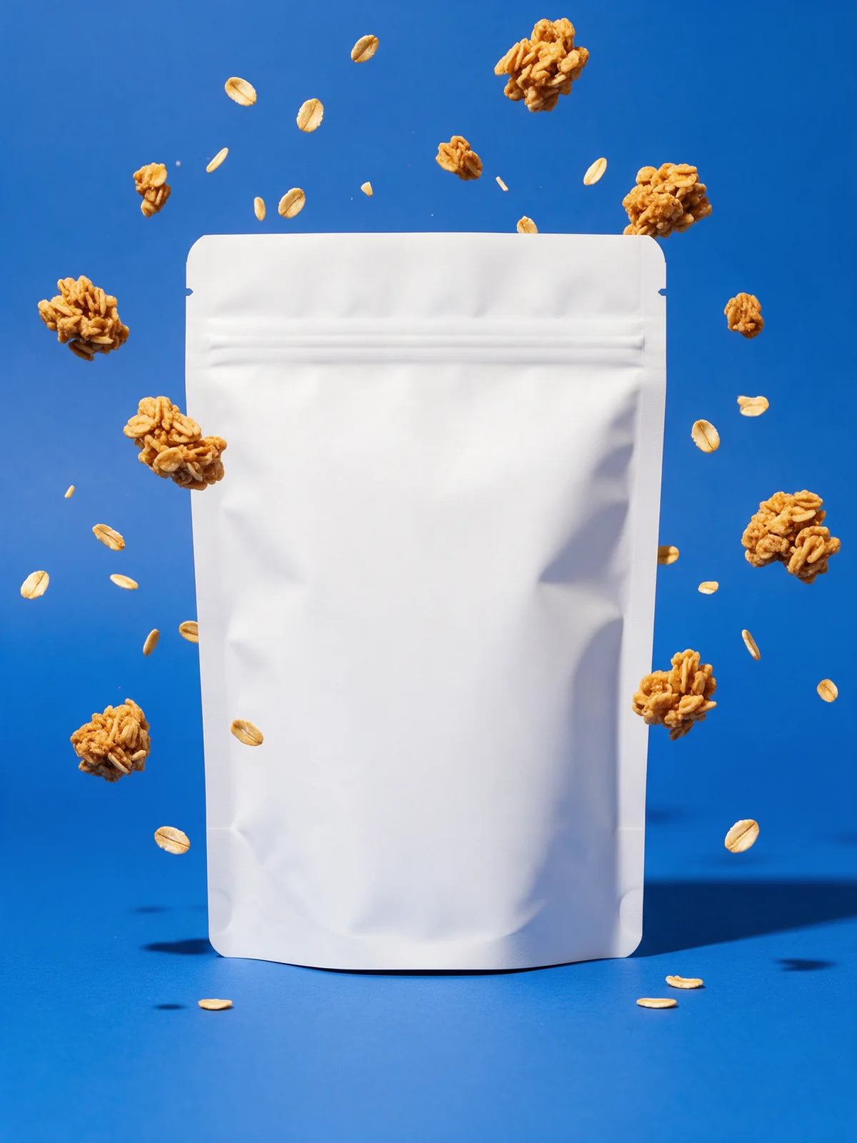 Blank white pouch among floating granola on a blue backdrop