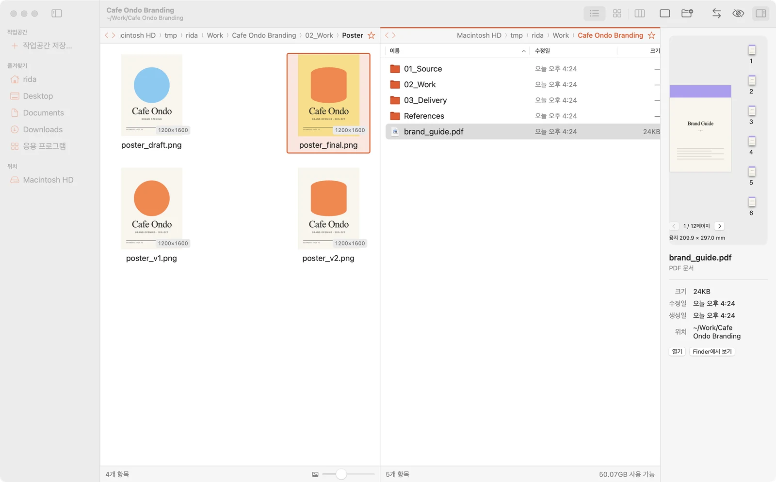 PDF in the inspector: page thumbnails, page 1 of 12, A4 210 × 297 mm