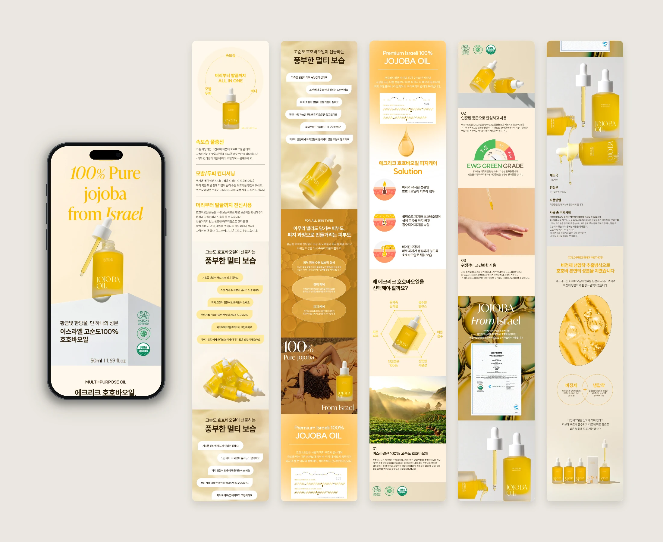 Jojoba oil detail page shown on phone mockup