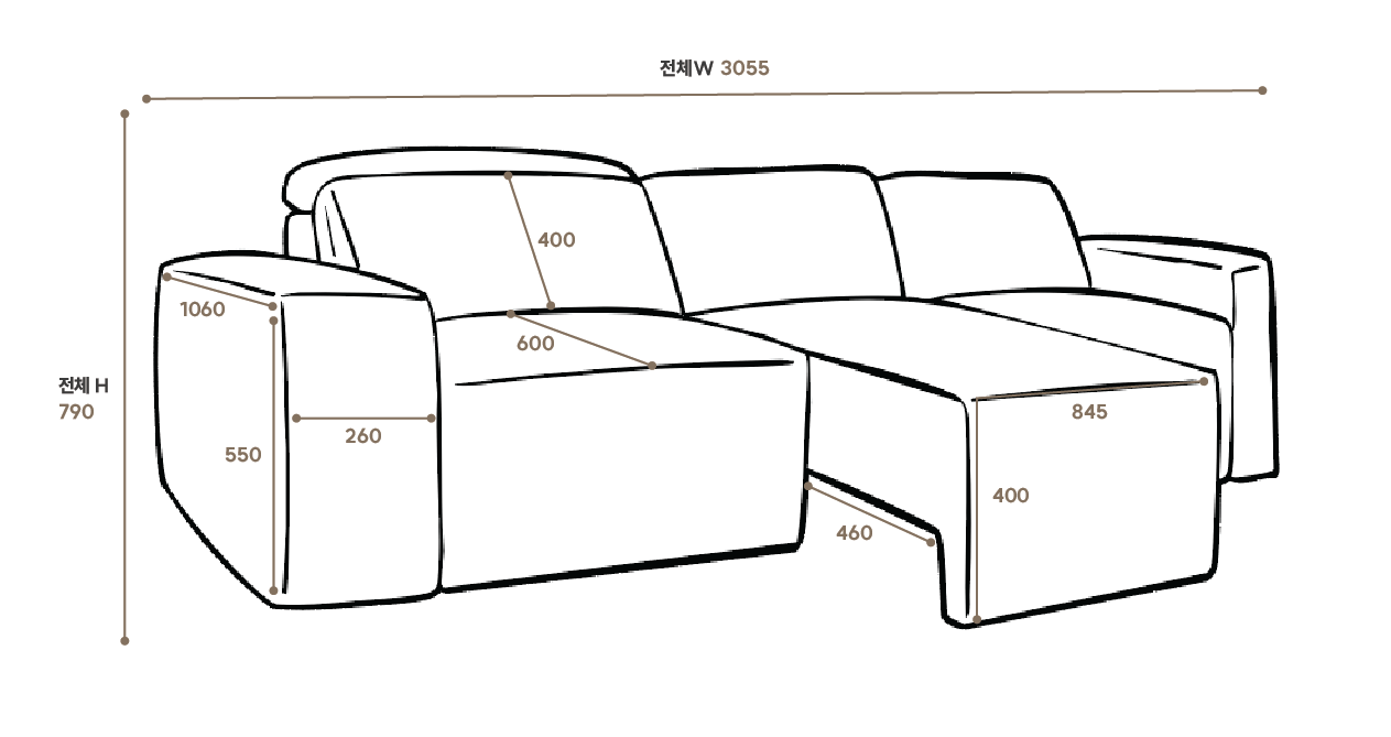 Line drawing of the sofa with its dimensions