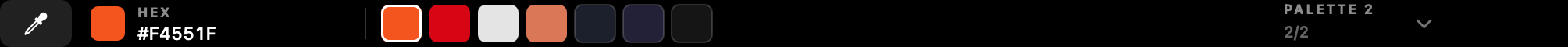 Touch Bar: eyedropper, current colour #F4551F, recent colour chips and Palette 2